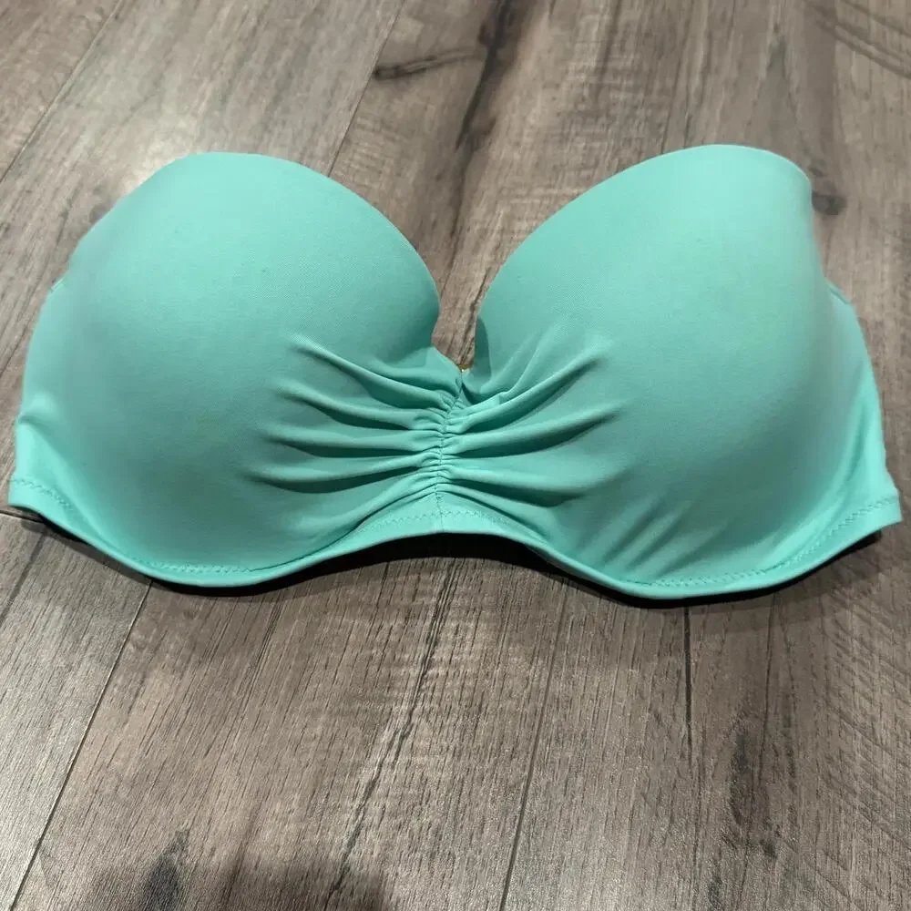 Victoria's Secret Swim Turquoise Flirt Bandeau‎ Underwire Bikini Top 34DD Ruched